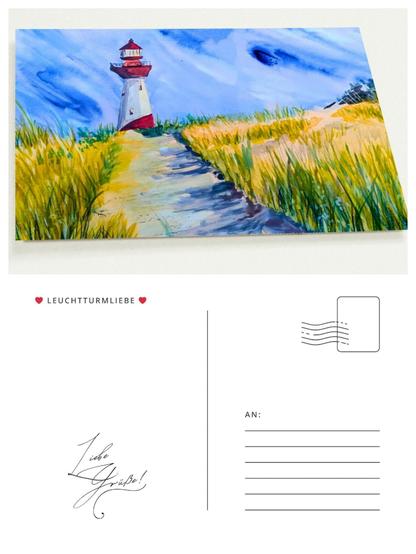 Postkarte mit handgemaltem Leuchtturm-Motiv, Set aus 10 Karten im A5 oder A6 Format, gedruckt auf seidenmattem Coated Silk Papier. Vorderseite zeigt einen rot-weißen Leuchtturm vor Sanddünen, inspiriert von Nordsee und Ostsee. Rückseite mit Schriftzug „Leuchtturmliebe“ und „Liebe Grüße“ in Handschrift. Ideal für maritime Grüße, Einladungen oder Danksagungen. Hochwertiger Digitaldruck, umweltfreundliches Papier.