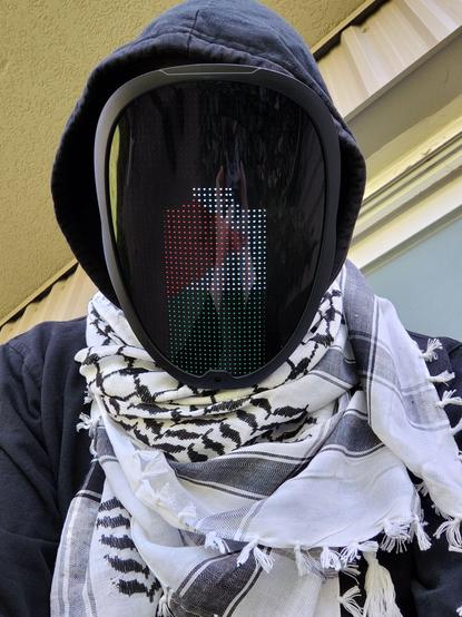 A selfie of a person wearing a black and white fishnet keffiyeh tied around their neck, a block hoodie with the hood up, and an LED masking displaying the flag of Palestine.