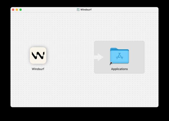 A screenshot of the installation process for the Windsurf application on a Mac interface. The left side displays the Windsurf app icon, and the right side shows an Applications folder with an arrow indicating that the user should drag the app into the folder for installation. The background is minimalistic, focusing on the application setup.
