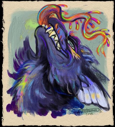 A colorful portrait of an anthropomorphic, fluffy, reptilian alien character mischievously sticking out her tongue.