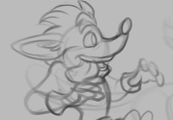 WIP sketch of Crash Bandicoot looking forward excitedly with his tongue hanging out of his mouth.