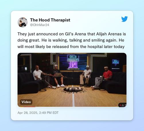 They just announced on Gil’s Arena that Alijah Arenas is doing great. He is walking, talking and smiling again. He will most likely be released from the hospital later today https://t.co/gplX6AVtam