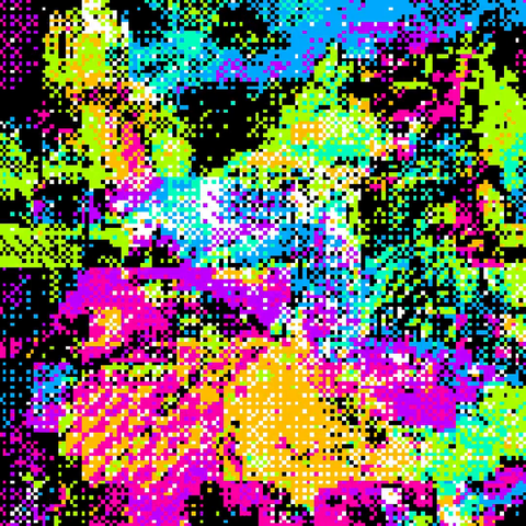 A screenshot from a datamoshing video with a dithering effect applied