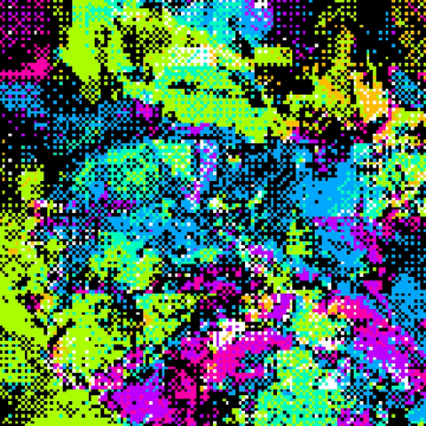 A screenshot from a datamoshing video with a dithering effect applied