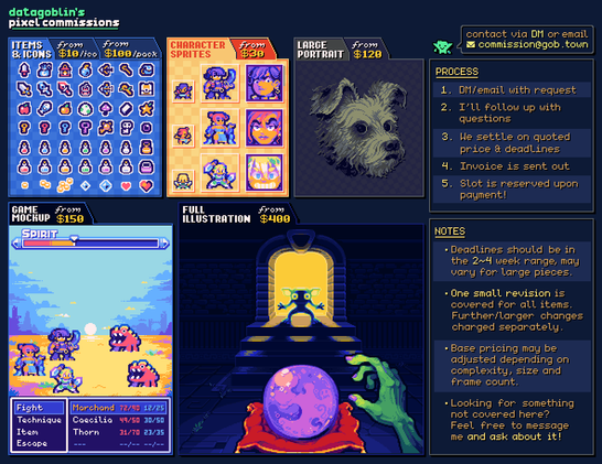 Commission sheet detailing several items and estimate prices, along with example pieces and terms & conditions for fulfillment of a commission.

Items available are: icons ($10+), icon icon packs ($100+), character sprites ($30+), large portraits ($120+), game mockups ($150+) and full illustrations ($400+).

Commissions may be requested via direct message, or via email to commission ( at ) gob ( dot ) town.