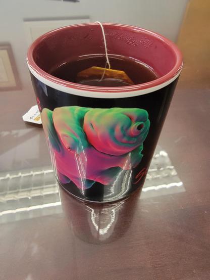 A mug featuring a rainbow hued 3D electron microscope image of a tardigrade. Inside the mug is a tea bag floating in perfectly heated water.