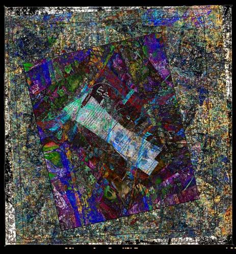The asemic composition creates the impression of pieces of the collage being imbedded in corroded layers, like a fossil.