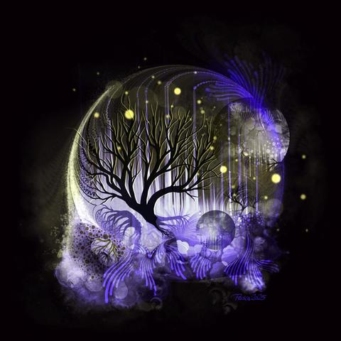 watercolour & ink; dark burgundy/brown background with a circular fractal swirl around a tree silhouette, purple waves and droplets combined with patches of dots are scattered around surrounding the centre; light dots glow towards the top; the lower edge is fragmented and distorted.