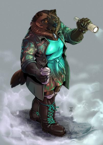 Were Wolverine with a coffee and flashlight in the fog. Character Amadi is created by WolfWings