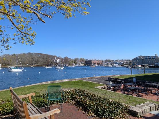A landscape photo of an inner harbor in New England.