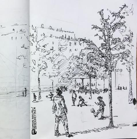 Black ink/ Fineliner & pencil on paper

Cityscape. People in front of trees, furniture under a parasol & a big apartment block. One adult in the foreground, a child playing with a footbal right to them. Some other people in the background, e.g. a kid on a scooter and other children playing soccer.