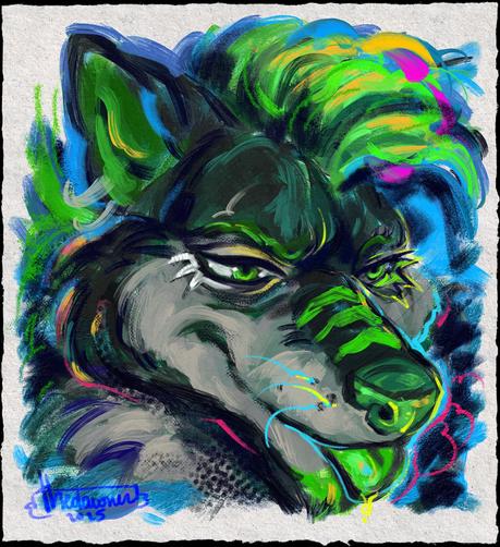 A colorful digital portrait of a grey, black and neon green anthropomorphic canine character appearing mildly upset.