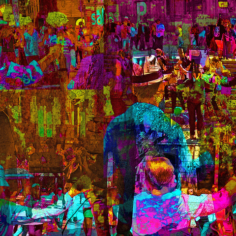 Barcelona digital edited multiple exposure street photography, made with the GNU Image Manipulation Program.