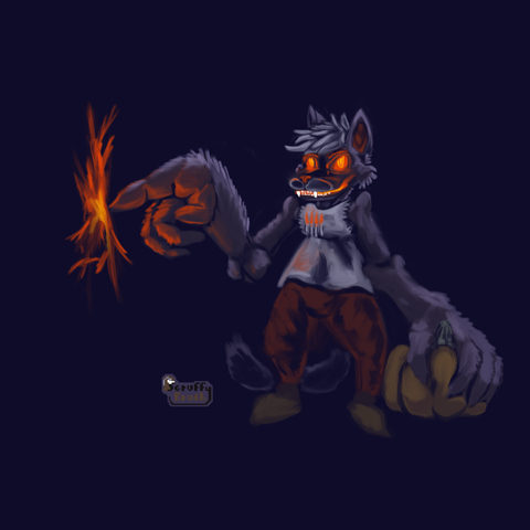 Number Four, an emaciated demonic cat with oversized hands holding a pumpkin with one hand and manifesting a fiery blood portal with the other