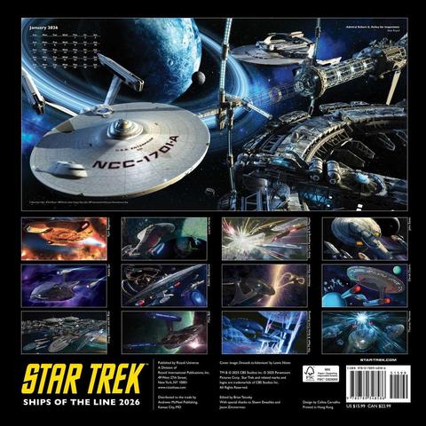 The back page of the Star Trek Ships of the Line Calendar for 2026 with multiple inset images of all the hero ships from Star Trek shows done by a variety of artists in photo real to cartoon styles, all in original artwork just for the calendar.