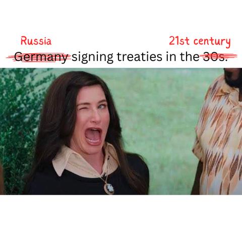 Germany [crossed out with ‘Russia’ written above it] signing treaties in the 30s [crossed out with ‘21st century’ written above it]. 

[still of Kathryn Hahn winking in a big way]
