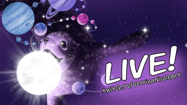 Stream announcement featuring a WIP of a digital painting by me. The painting is of a seal "swimming" in space, with planets and moons swirling around it. The seal is chasing after the sun and about to catch it in its mouth. The color scheme is pink, purple, and blue. The text says "LIVE! Twitch dot TV slash Vetrina Nicole Art"