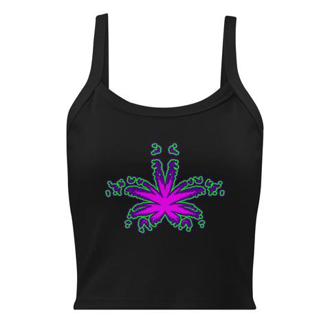 The front of a black tank top with pink, purple, and green weird weed leaf art.
