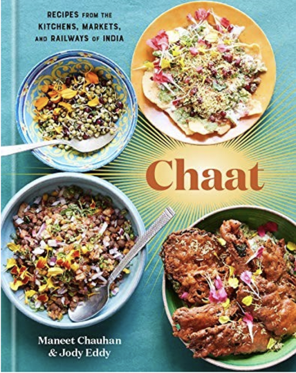 An "Indian blue" cover with various chaat dishes. Orange, black and white text.