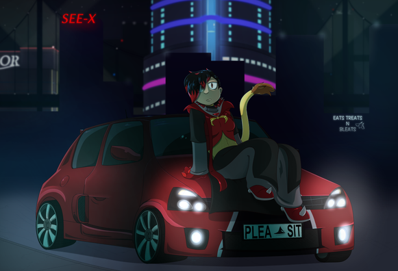 a sphynx in a red, black, and gold robe, sits on a red and black car in dark, neon lit city scene, no mask this time, she has red and black shaggy hair