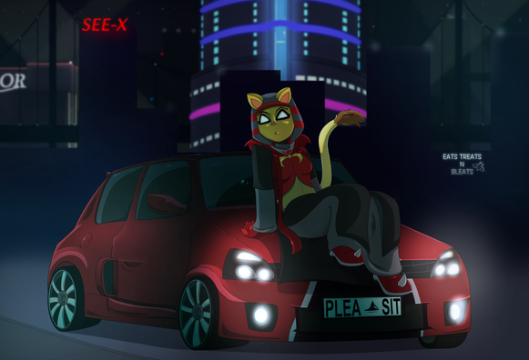 a spynx in a red, black, and gold robe, sits on a red anc black car in dark, neon lit city scene