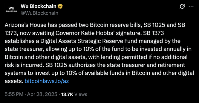 Arizona’s House has passed two Bitcoin reserve bills, SB 1025 and SB 1373, now awaiting Governor Katie Hobbs’ signature. SB 1373 establishes a Digital Assets Strategic Reserve Fund managed by the state treasurer, allowing up to 10% of the fund to be invested annually in Bitcoin and other digital assets, with lending permitted if no additional risk is incurred. SB 1025 authorizes the state treasurer and retirement systems to invest up to 10% of available funds in Bitcoin and other digital assets.