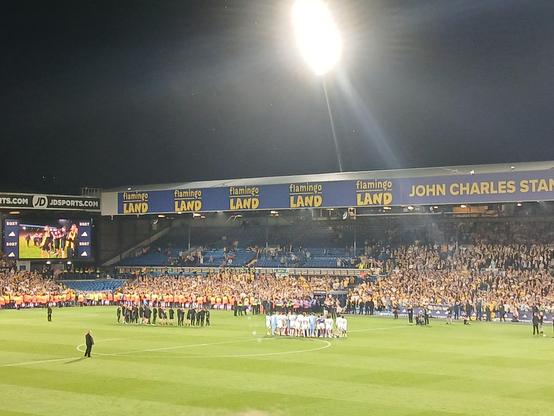 The Leeds United players and coaching staff stood facing the john charles stand as part of the promotion celebrations. The away section is empty, and all the Leeds fans are in yellow. The photo is taken from behind so you are looking at everyone's backs