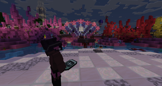 minecraft screenshot. a player stands on a stage in front of an audience on aquatic-themed bleachers.
