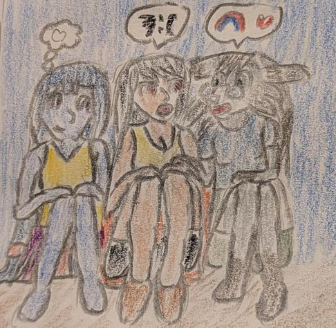 Color pencil drawing of three women. In the center, Kagura Hinagiku, a human woman, grumbles about recent events. On her left, her mentor Silva Leon, an anthro cat woman OC, tells her the good she's done. On Hina's right, her girlfriend Azusa Riyo, a Pantoran woman from Star Wars, listens and thinks about Hina.