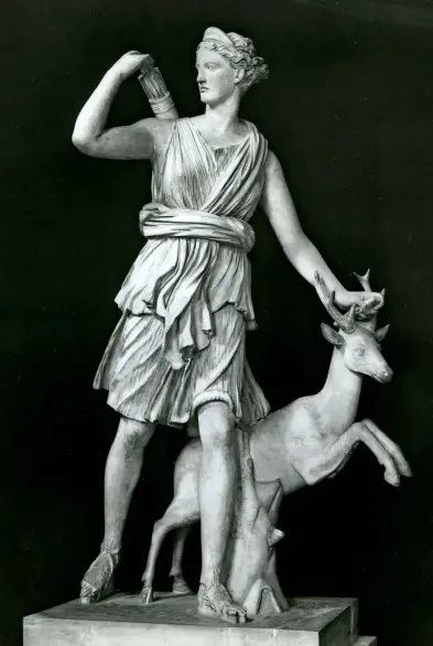 Marble statue of Artemis/Diana, with a stag leaping beside her, she has one hand on one of his antlers, and one hand reaching back to a quiver of arrows. Statue is in the Louvre.
 Marble statue of Artemis/Diana, with a stag leaping beside her, she has one hand on one of his antlers, and one hand reaching back to a quiver of arrows. Statue is in the Louvre.
