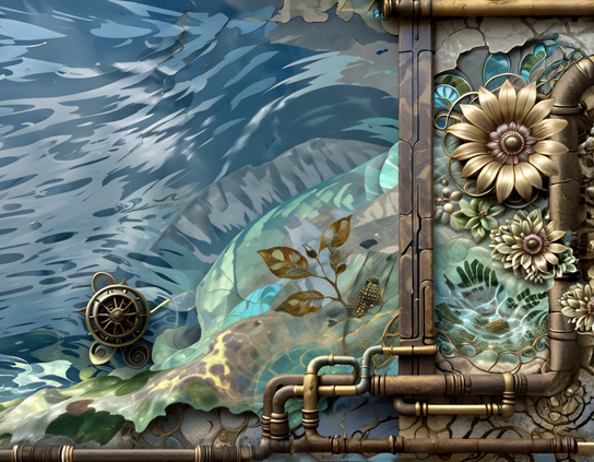 Intricate steampunk-style mechanism managing flowing seawater in a containment pond, with copper pipes, bronze gears, and ornate metallic floral embellishments.