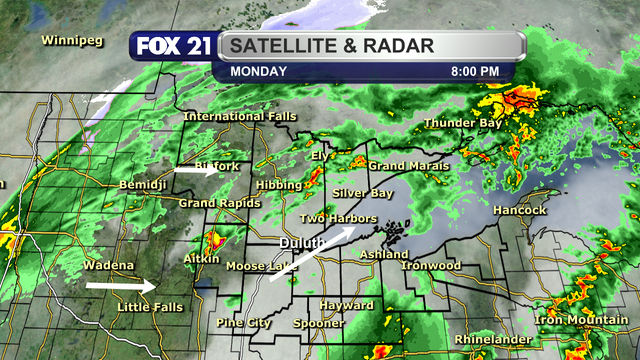 A view of the radar over the Northland at 8 p.m. on Monday, April 28, 2025, shows a scattering of showers and thunderstorms across the region, with the highest concentration over the Minnesota side.  They are moving to the east and northeast.