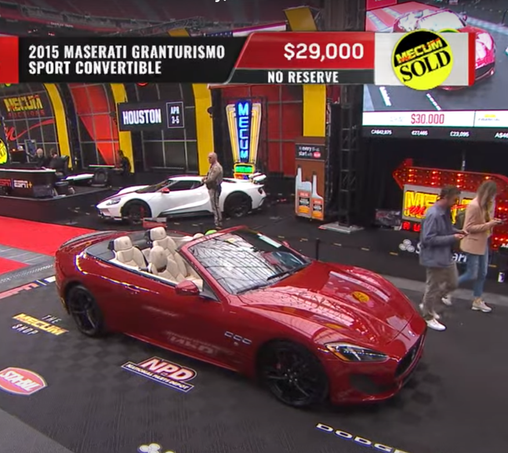 A 2015 Maserati Granturismo Sport convertible, after selling at auction for no reserve at $29K, at Mecum Auto Auctions.