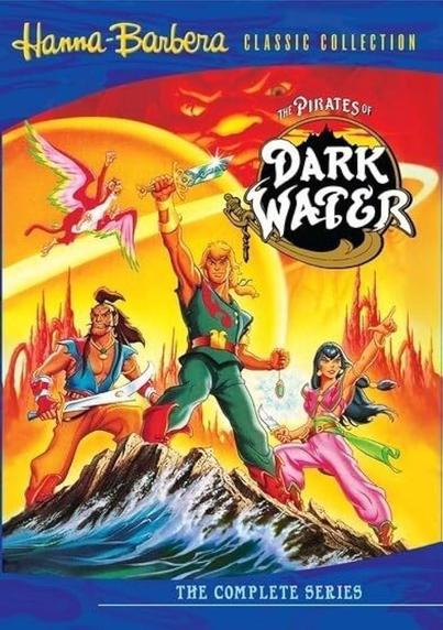 Cover art for "The Pirates of Dark Water," featuring four main characters: a muscular man with a sword, a warrior in green attire, a woman with a sword, and a man in the background. The background includes bright colors