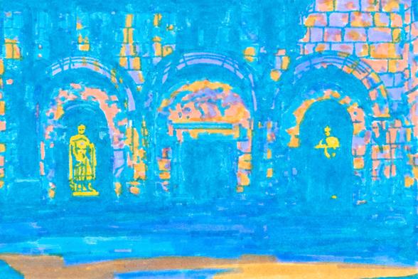 4x6 marker illustration of the Hallowed Halls