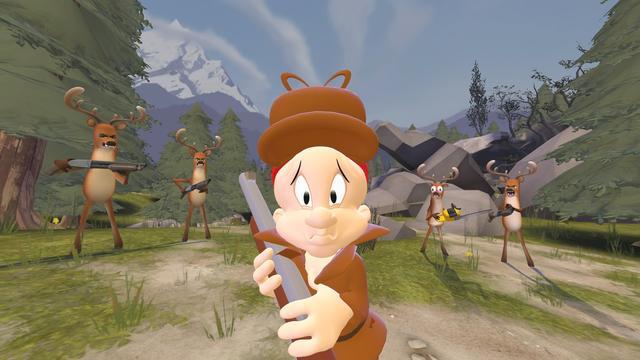 Elmer Fudd is surrounded by angry deer.