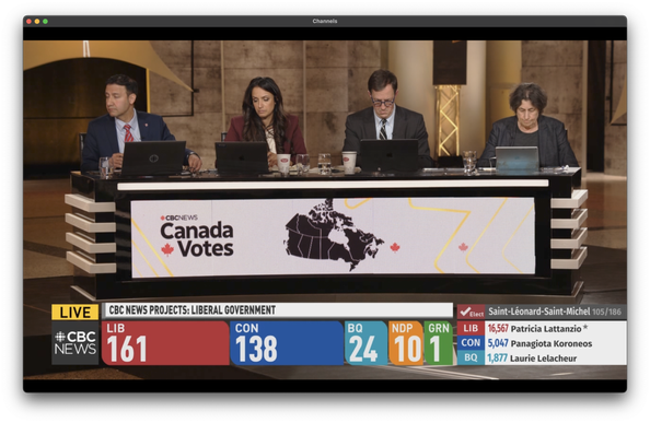 Screenshot from CBC Montréal
- - -
Capture d’écran de CBC Montréal

Liberals/Libéraux: 161
Conservatives/Conservateurs: 138
Québec Block/Bloc Québécois: 24
New Democratic Party/Nouveau parti démocratique: 10
Green Party of Canada/Parti vert du Canada: 1