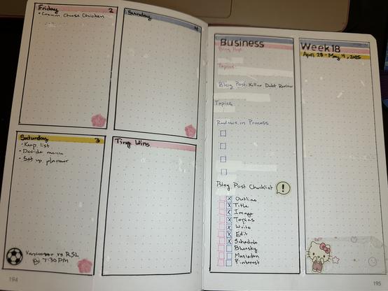 A journal spread with 4 boxes on one page and 2 columns on the other. The first page has Friday 2 to Sunday 4 and a box for Tiny wins. The second page has a column for business with space to outline 2 blog posts and another column that says Week 18 April 28- May 4, 2025. The page is decorated with cute paper with pastel shapes and a hello kitty sticker in black white and pink.