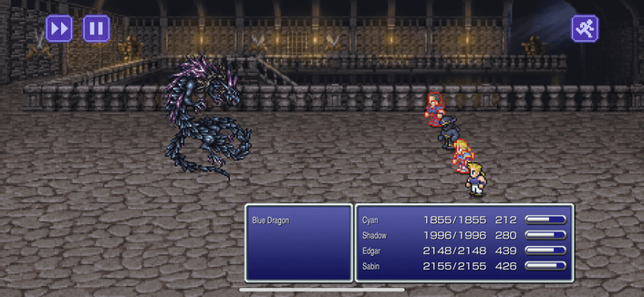 Alt text for Final Fantasy VI screenshot:

Game interface with health and mana bars partially visible at bottom of screen. View from above, showing characters facing away from camera. Character on left is wearing armor, holding a sword with shield on left hand, and has a purple aura around the head. On right, character wears a red outfit and wields a staff. Both are in combat stances against black monster-like creature. Behind them stands a castle gate with chains and intricate designs.
