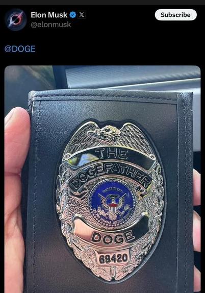 Elon Musk Twitter post of a image of his Doge father police badge