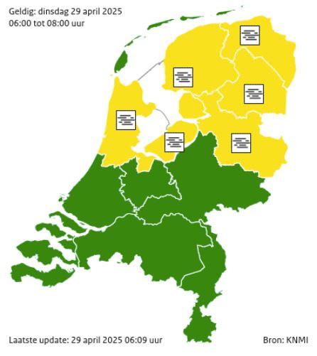 Kaartje van het KNMI met code geel voor Noord-Holland, Friesland, Groningen, Drenthe, Flevoland en Overijssel.