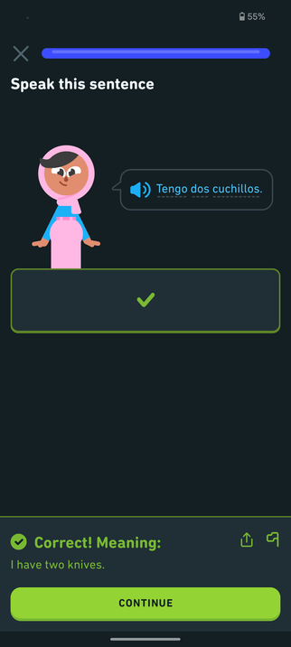 Screenshot of the Duolingo app, where the phrase it wanted me to say was "I have 2 knives"/"Tengo dos cuchillos"
