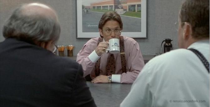 A view of Lumberg over the shoulders of the Bobs from the 1999 film Office Space