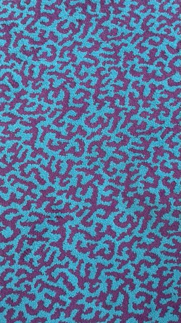 Carpet pattern fills the whole photo. It’s a two color pattern, reddish purple and medium/sky blue. The pattern is an interlocking meander, somewhat like a reaction diffusion pattern.