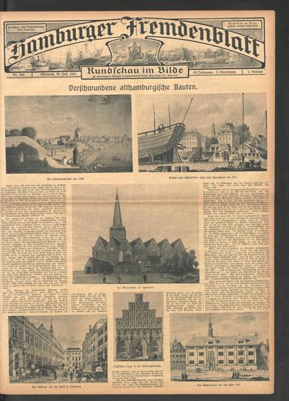 Eine Vintage-Zeitungsseite mit dem Titel "Hamburger Fremdenblatt" mit Illustrationen historischer Gebäude in Hamburg. Die Bilder zeigen verschiedene architektonische Strukturen, darunter eine Kirche, ein Schiff und detaillierte Straßenszenen. Der Text diskutiert diese Gebäude und ihre Bedeutung.