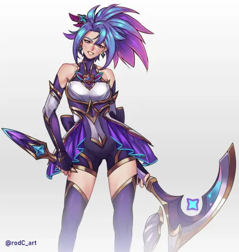Star Guardian Akali, smiling cockily. She's holding a kunai in her right hand and a kama in her left hand.