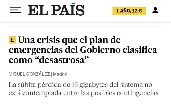 Portada de El Pais: "... pérdida de 15 gigabytes"