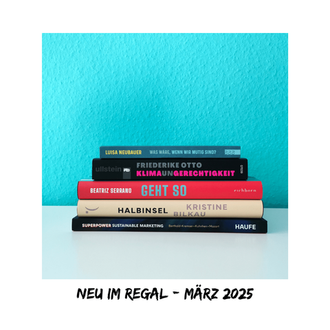 Auf dem Foto ist ein Bücherstapel bestehend aus fünf Büchern vor einer türkisen Wand auf einer weißen, glatten Oberfläche abgebildet. Die Bücher werden in der Caption aufgelistet.