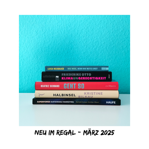 Auf dem Foto ist ein Bücherstapel bestehend aus fünf Büchern vor einer türkisen Wand auf einer weißen, glatten Oberfläche abgebildet. Die Bücher werden in der Caption aufgelistet.
