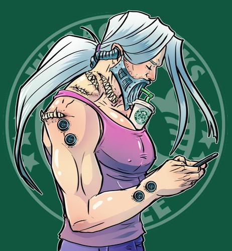 Coloured drawing of Vavisk, the Noise Marine from "Lord of Excess". He is balancing a cup of Waaaaghbucks coffee on his massive pecs while typing on his phone.